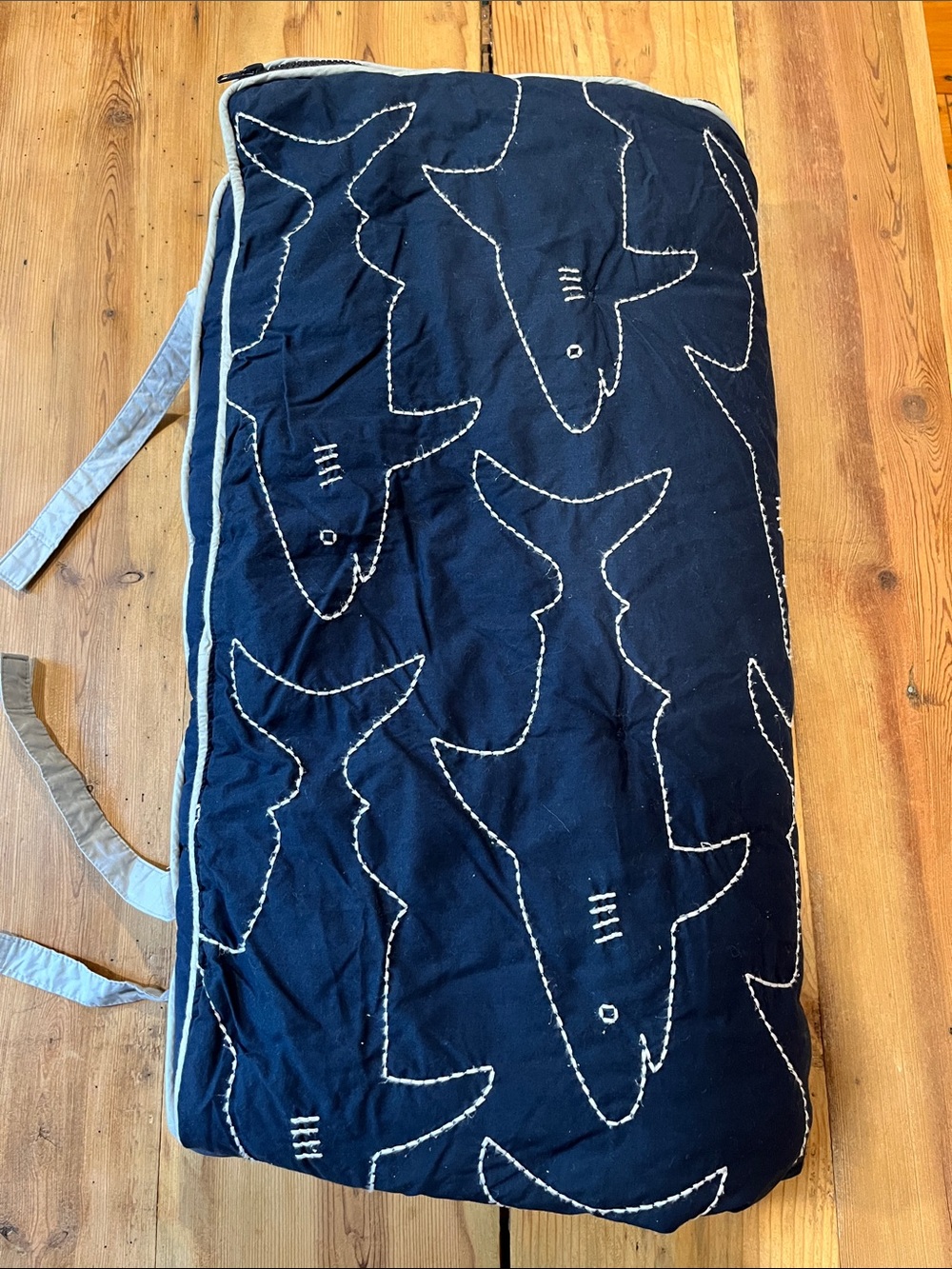 POTTERY BARN KIDS *Sleeping Bag* Navy Blue Shark Print Embroidery